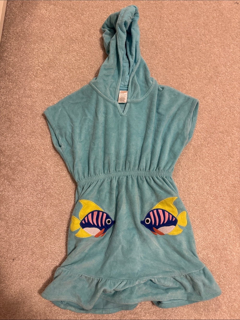 Gymboree Teal Hooded Swim Coverup with Yellow & Blue Fish